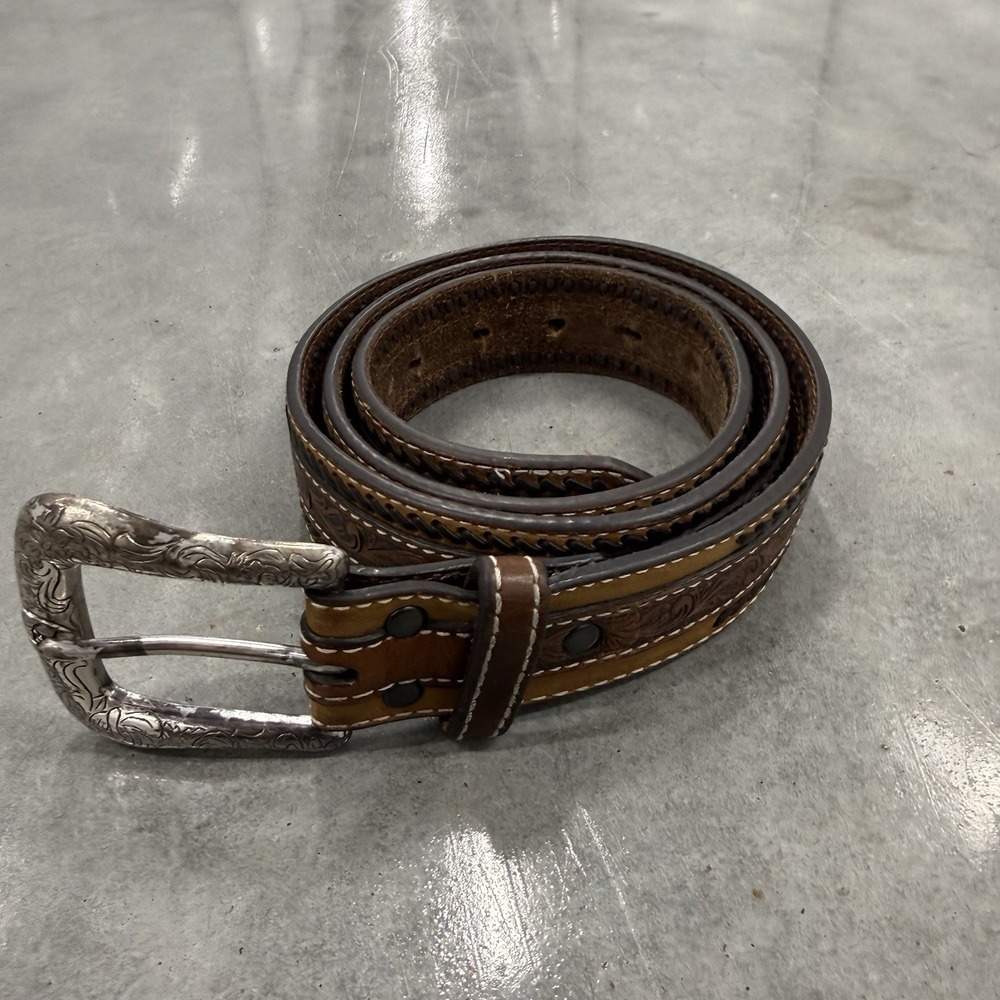 Ariat Mens 38 Western Leather Belt Brown Tooled Laced Cowboy Silver Buckle